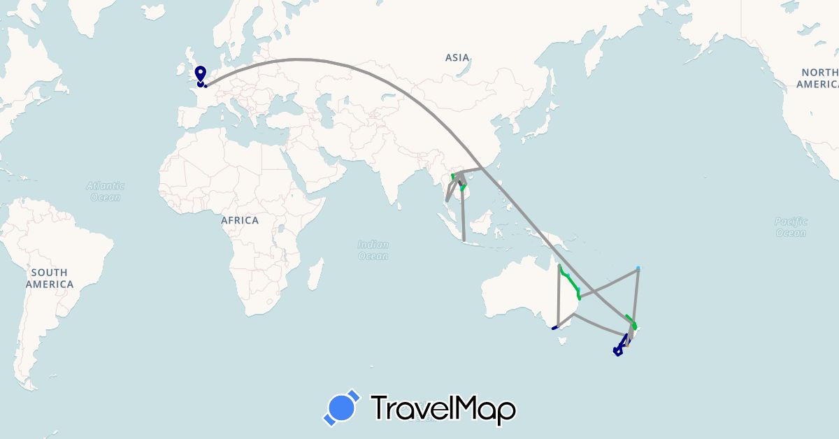 TravelMap itinerary: driving, bus, plane, hiking, boat, hitchhiking, motorbike in Australia, China, Fiji, France, Hong Kong, Indonesia, Laos, New Zealand, Thailand, Vietnam (Asia, Europe, Oceania)